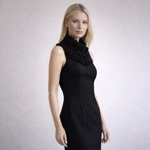 ROBERT RODRIGUEZ Black Wool Sheath Dress Ruffle Collar 90s Minimalist